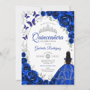 Convites Floral Azul Real Princesa Quinceanera Prata