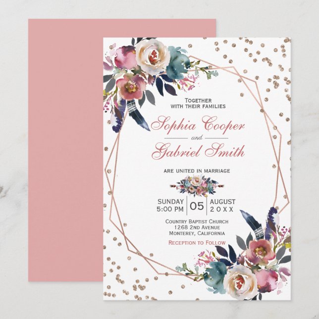 Convites Floral Azul-Rosa Elegante | Casamento Dourado (Frente/Verso)