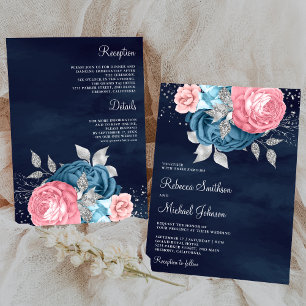 Convites Floral Azul Rosa, Tudo num Casamento de Marinho