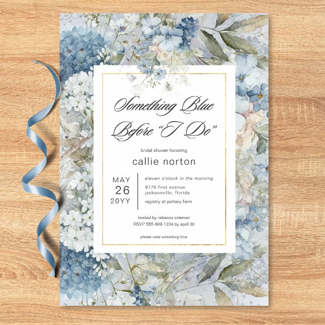 Convites Floral Azul Russo Algo Chá de panela Azul (Rustic Blue Floral Something Blue Bridal Shower Invitation)