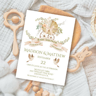 Convites Floral Baby Carruagem Watercolor Chá de fraldas