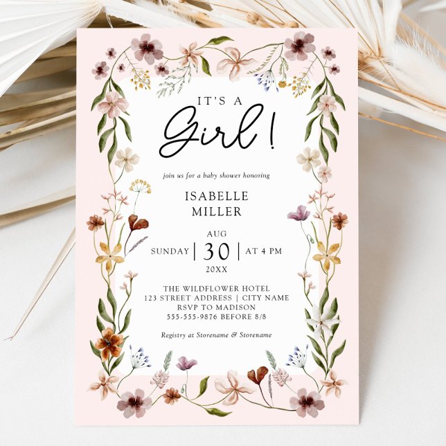 Convites Floral Baby Girl Chá Rosa (Floral Baby Girl Shower Pink Invitation)