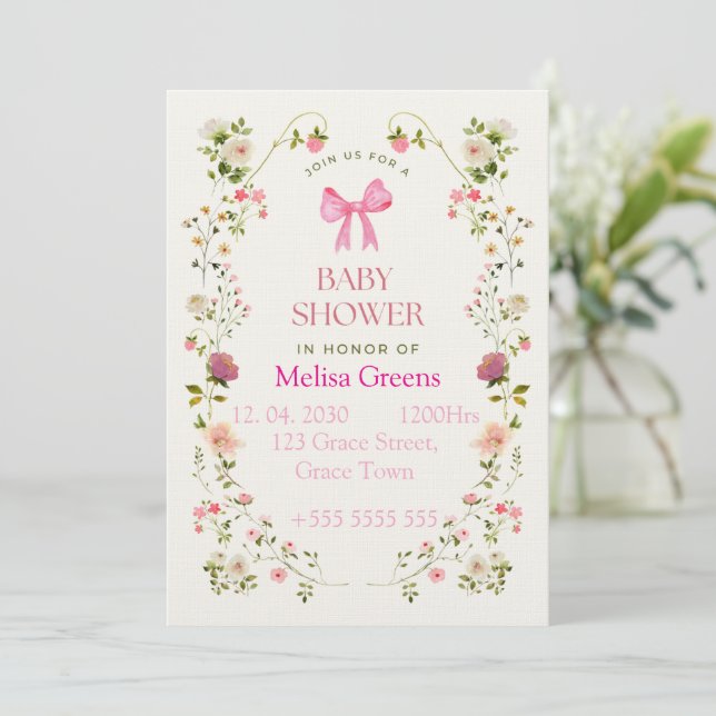 Convites Floral Baby Shower Invitation | Soft Pink waterco (Em pé/Frente)