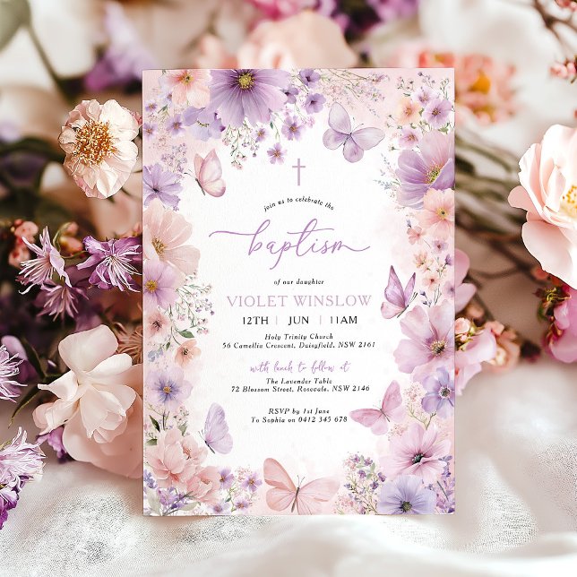 Convites Floral Baptism Christening Purple Butterfly Girl (Pink Purple Baptism Invitation with flowers and butterflies. )