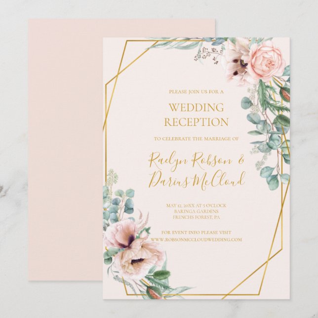 Convites Floral Bege Elegante | Recepção de Casamento Paste (Frente/Verso)