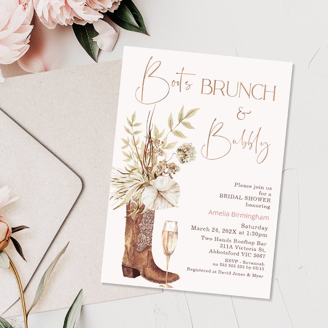 Convites Floral Beige Boots Brunch Chá de panela de espuma (Boho Beige Boot Brunch Bridal Shower Invitation Template, Floral Cowgirl Boot Bridal Shower Invite)
