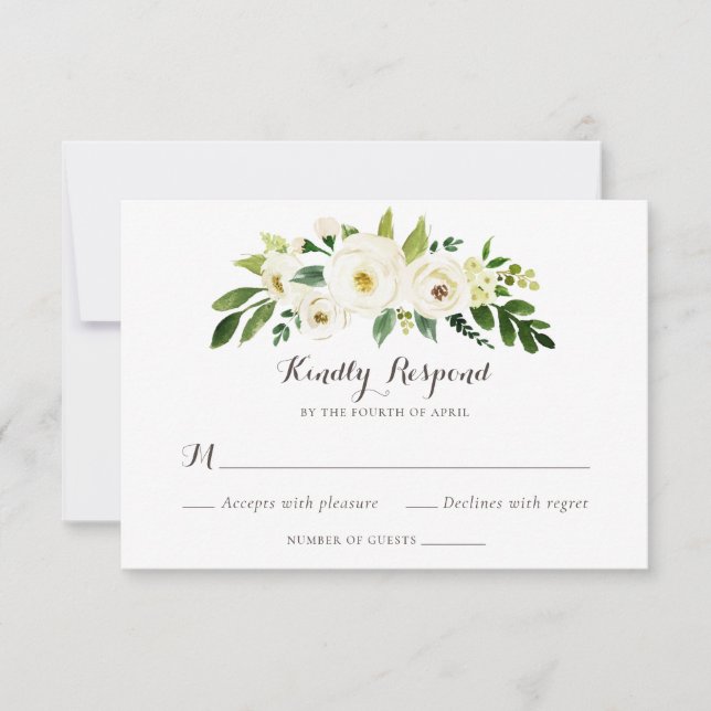 Convites Floral Beige White Greenery Elegante Crest RSVP (Frente)