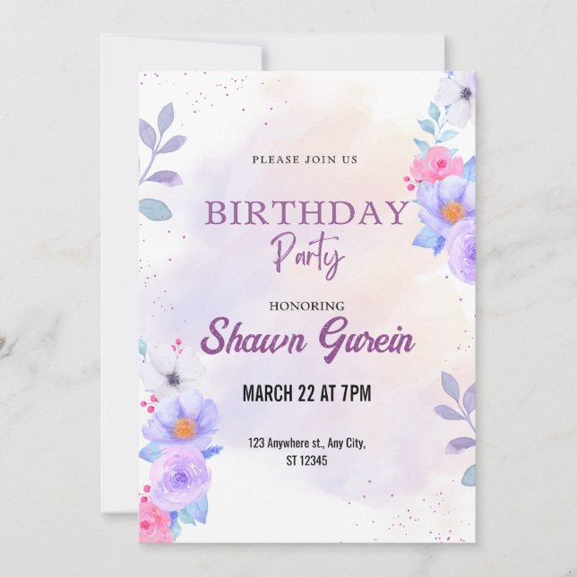 Convites Floral Birthday personalizado (Frente)