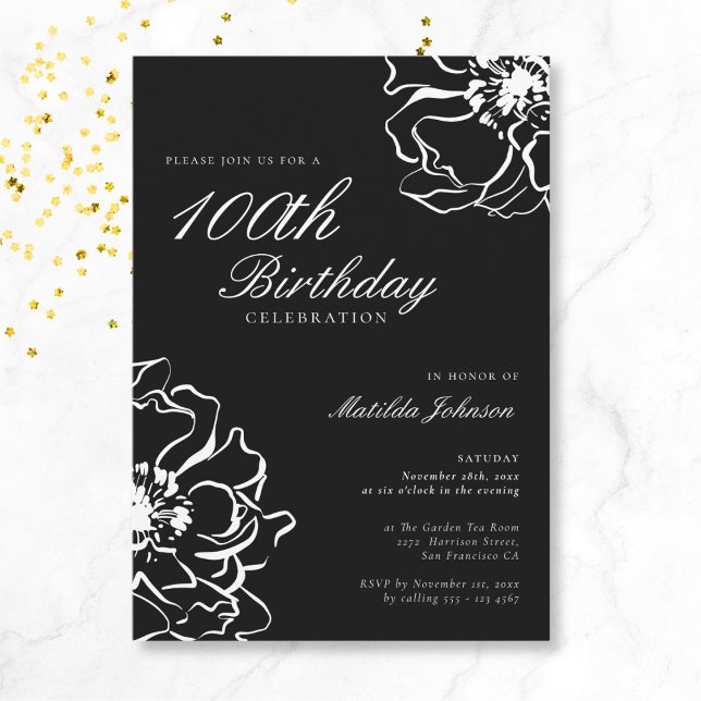 Convites Floral Black and White 100th Birthday (Mockup View)