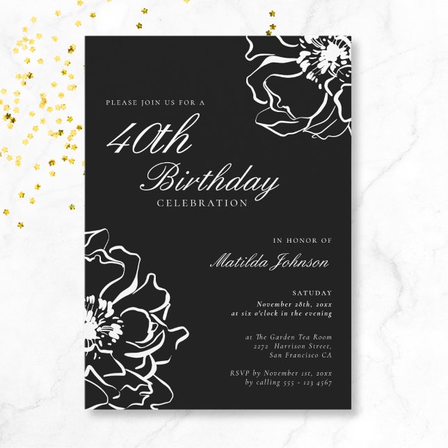 Convites Floral Black and White aniversário de 40 anos (Mockup View)