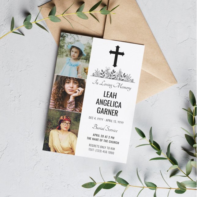 Convites Floral Black Cross 3 Fotos Serviço de Enterramento (Criador carregado)