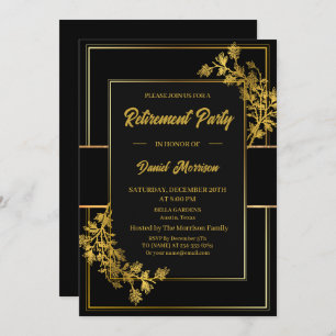 Convites Floral Black Dourado Surprise Retirement Party 202