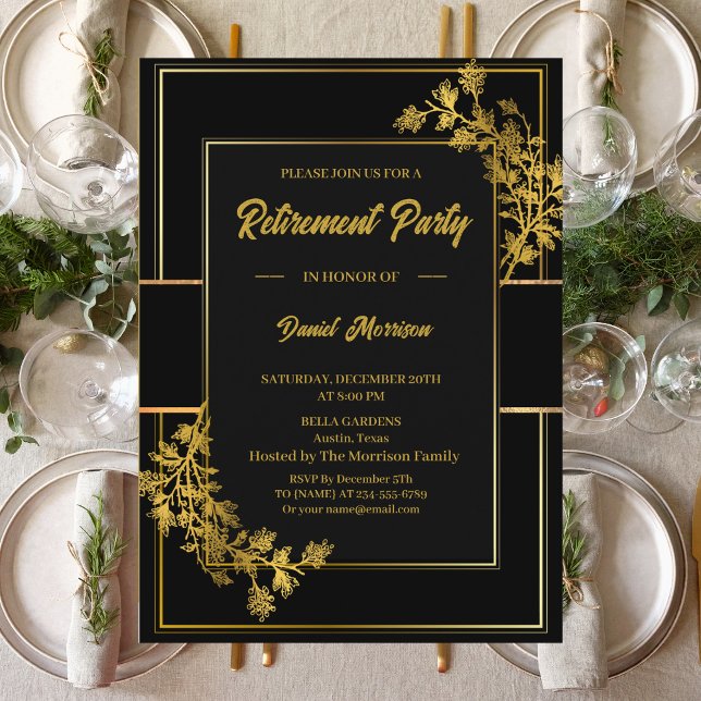 Convites Floral Black Dourado Surprise Retirement Party 202 (Criador carregado)