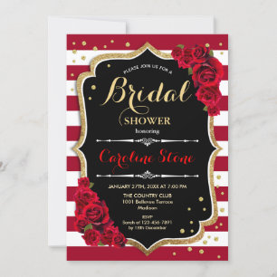 Convites Floral Black Gold Red Stripes Bridal Shower