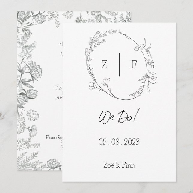 Convites Floral Black & White Botanical Line Art Invitation (Frente/Verso)
