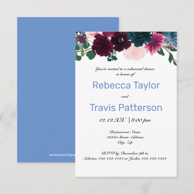 Convites Floral Blooms Blue - 3x5 Janto de ensaio (Frente/Verso)