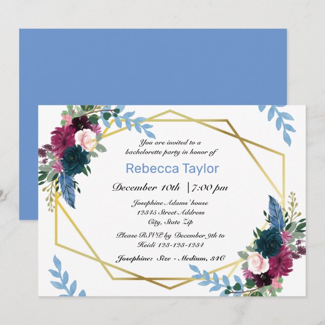 Convites Floral Blooms Mod Azul - Festa de Despedida de Sol (Frente/Verso)