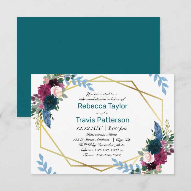 Convites Floral Blooms Mod Azul Teal - 3x5 Jantar de Ensaio (Frente/Verso)
