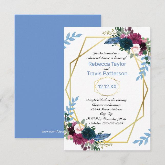 Convites Floral Blooms Mod Azul V - 3x5 Jantar de Rehearsal (Frente/Verso)