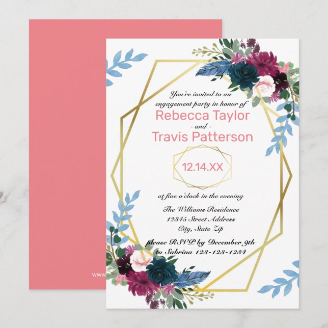 Convites Floral Blooms Mod Rosa - Festa de Noivado (Frente/Verso)
