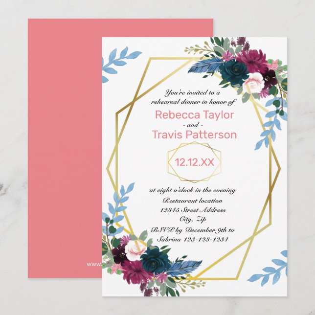 Convites Floral Blooms Mod Rosa V - Jantar de Rehearsal (Frente/Verso)