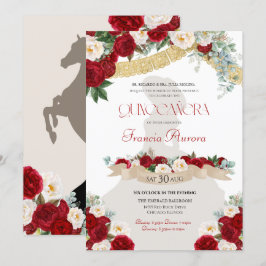 Convites Floral Blooms Red & White Dourado Charro Quinceañe