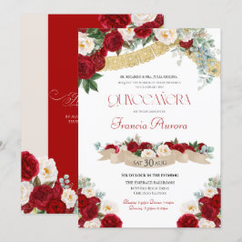 Convites Floral Blooms Red & White Dourado Rico Quinceañera