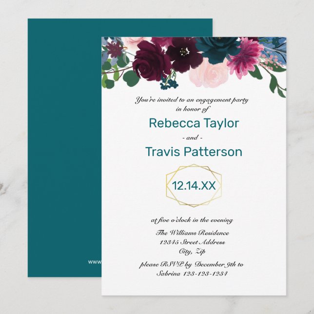 Convites Floral Blooms Teal - Festa de noivado (Frente/Verso)