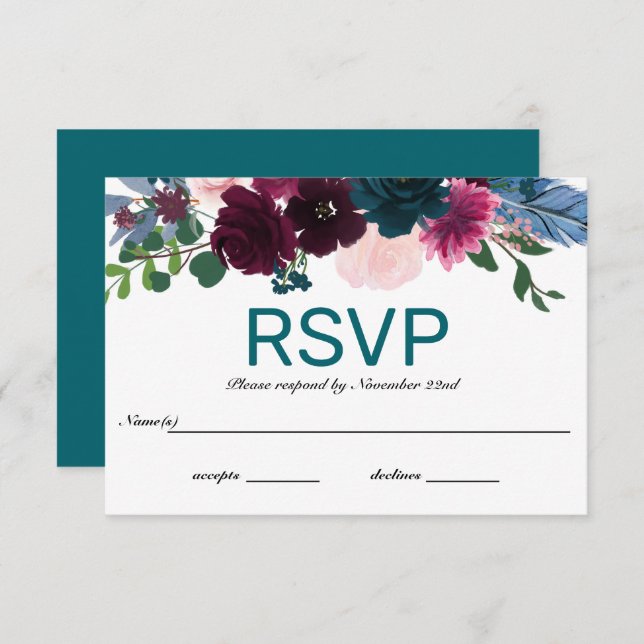 Convites Floral Blooms Teal - RSVP (Frente/Verso)