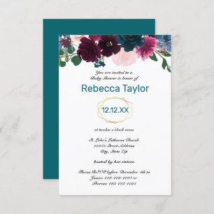 Convites Floral Blooms Teal Vertical - Chá de fraldas 3x5