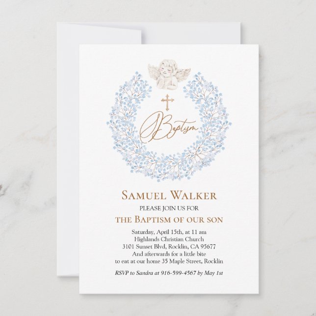 Convites Floral Blue Baby Angel Cross Baptism (Frente)