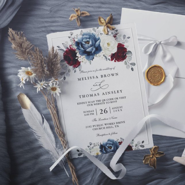 Convites Floral Blue Burgundy White Ivory QR Code Wedding (Criador carregado)