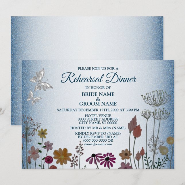Convites Floral Blue Glitter Wedding Rehearsal Dinner Party (Frente/Verso)