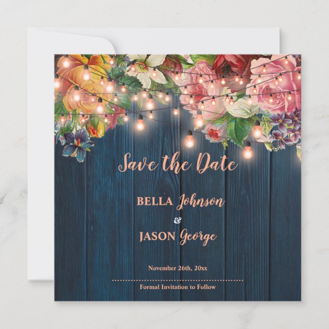 Convites Floral Blue Wood String Lights Save The Date (Frente)