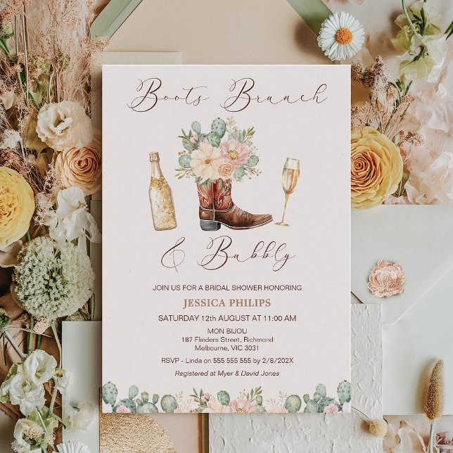 Convites Floral Blush Boots Brunbble Chá de panela (Boots Brunch and Bubbly Bridal Shower invitation Template, Champagne Bottle Brunch Bridal Shower )