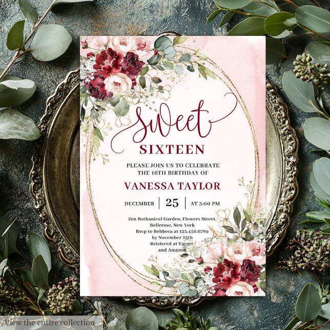 Convites Floral Blush Burgundy Roses Sweet Sixteen Party  (Floral Blush Burgundy Roses Sweet Sixteen Party Invite

)