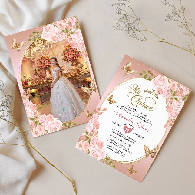 Convites Floral Blush Dourado Borboleta Rosa Foto Quinceañe (Criador carregado)