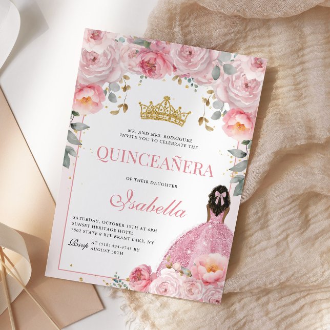 Convites Floral Blush Dourado Quinceanera Princess (Criador carregado)