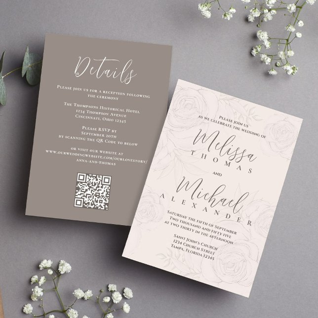 Convites Floral Blush Online RSVP de Código QR Elegante (Elegant wedding invitations with blush floral pattern and taupe with QR Code)