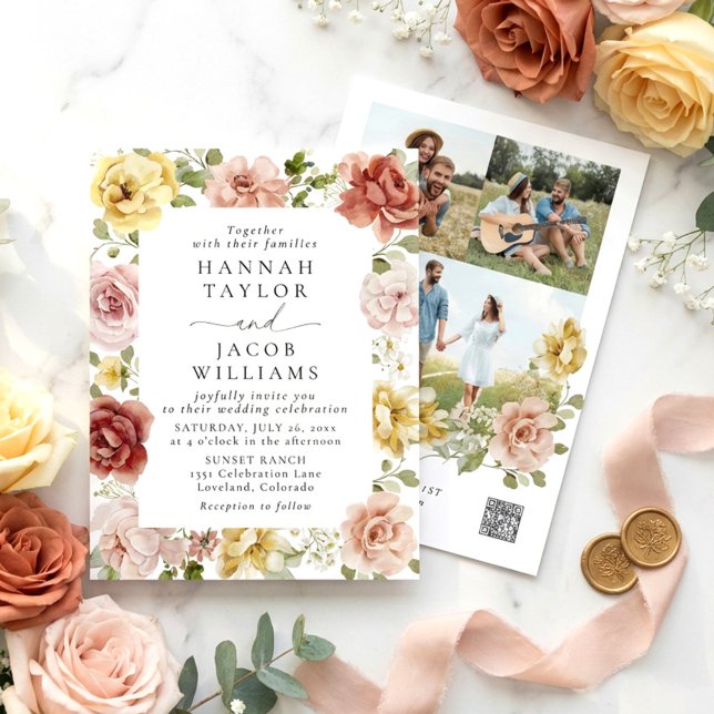 Convites Floral Blush Pink and Yellow Wedding (Criador carregado)