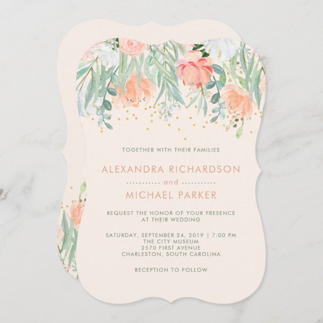 Convites Floral Blush Romance | Casamento por Aquarela (Frente/Verso)