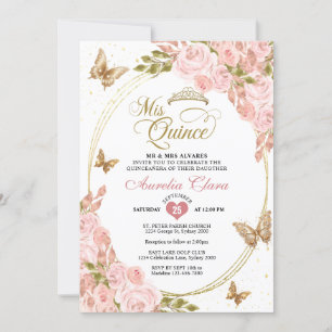 Convites Floral Blush Rosa Dourado Tiara Borboleta Quinceañ