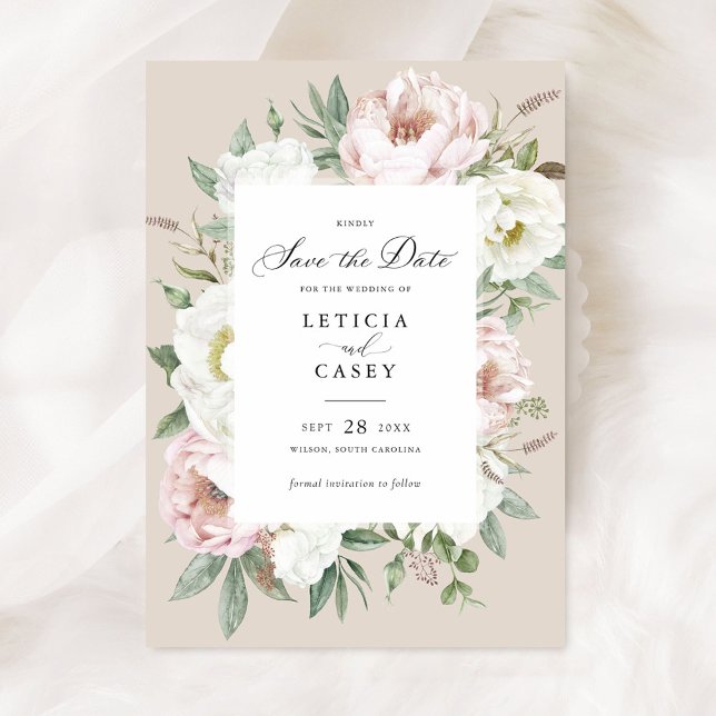 Convites Floral Blush White Peonies Casamento Salve a Data (Criador carregado)
