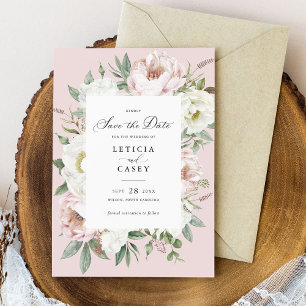 Convites Floral Blush White Peonies Casamento Salve a Data