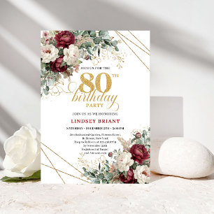 Convites Floral Boêmio Borgonha Dourado Aniversário de 80 a