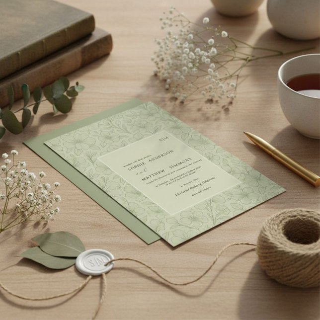 Convites Floral boêmio verde sage minimalista (Criador carregado)