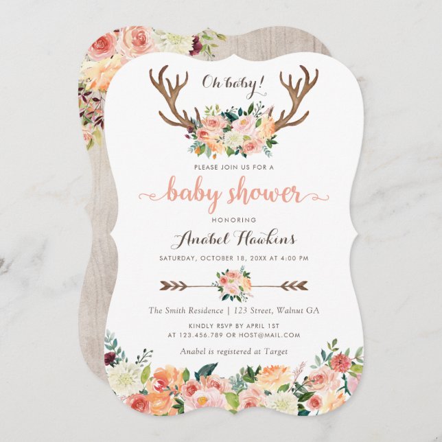 Convites Floral Boho Antler Blush Peach Arrows Baby (Frente/Verso)