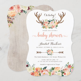 Convites Floral Boho Antler Blush Peach Arrows Baby