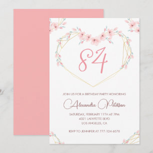 Convites Floral Boho Aquarela Rosa Aniversário de 84 anos