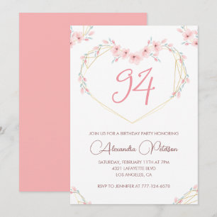 Convites Floral Boho Aquarela Rosa Aniversário de 94 anos